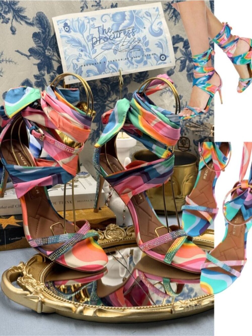 🆕 KURT GEIGER LONDON 🧿 NWOB Crystal-Embellished Scarf Wrap Heels, Sz 37 US 7